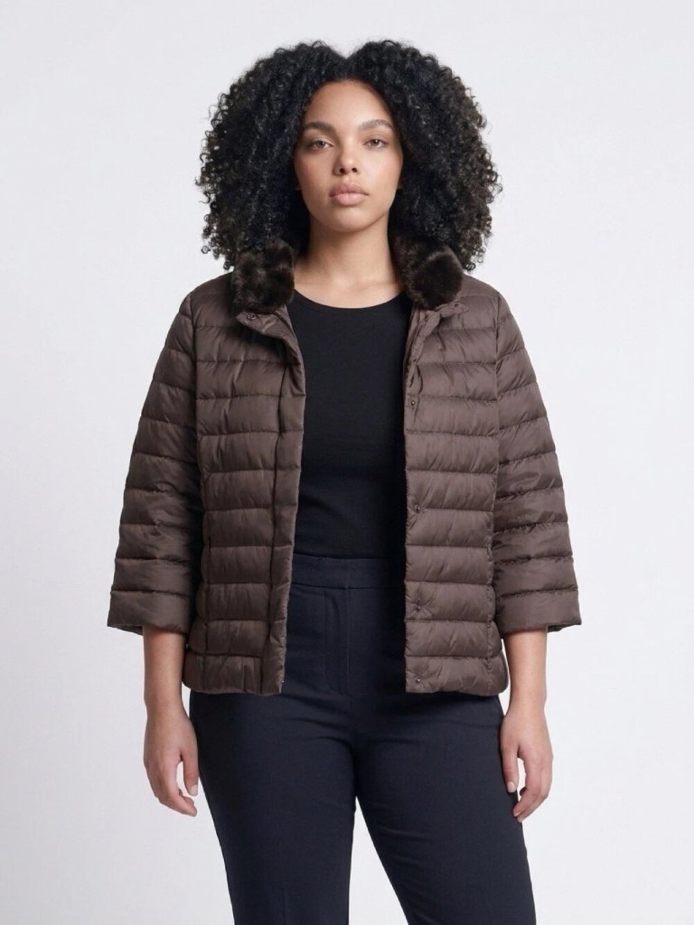 JMcL Dark Brown Quilted Down Removable Collar 3/4 Sleeve Jacket Sz XS